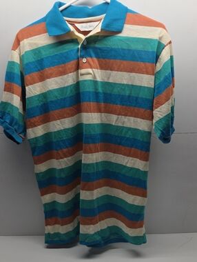 Men's Mister Man Vintage Striped Polo Shirt in Teal, Blue, Rust & Cream